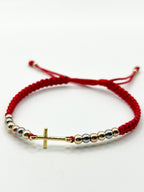 Pulsera Tejida Cruz Tres Oros Roja con Balines 3mm