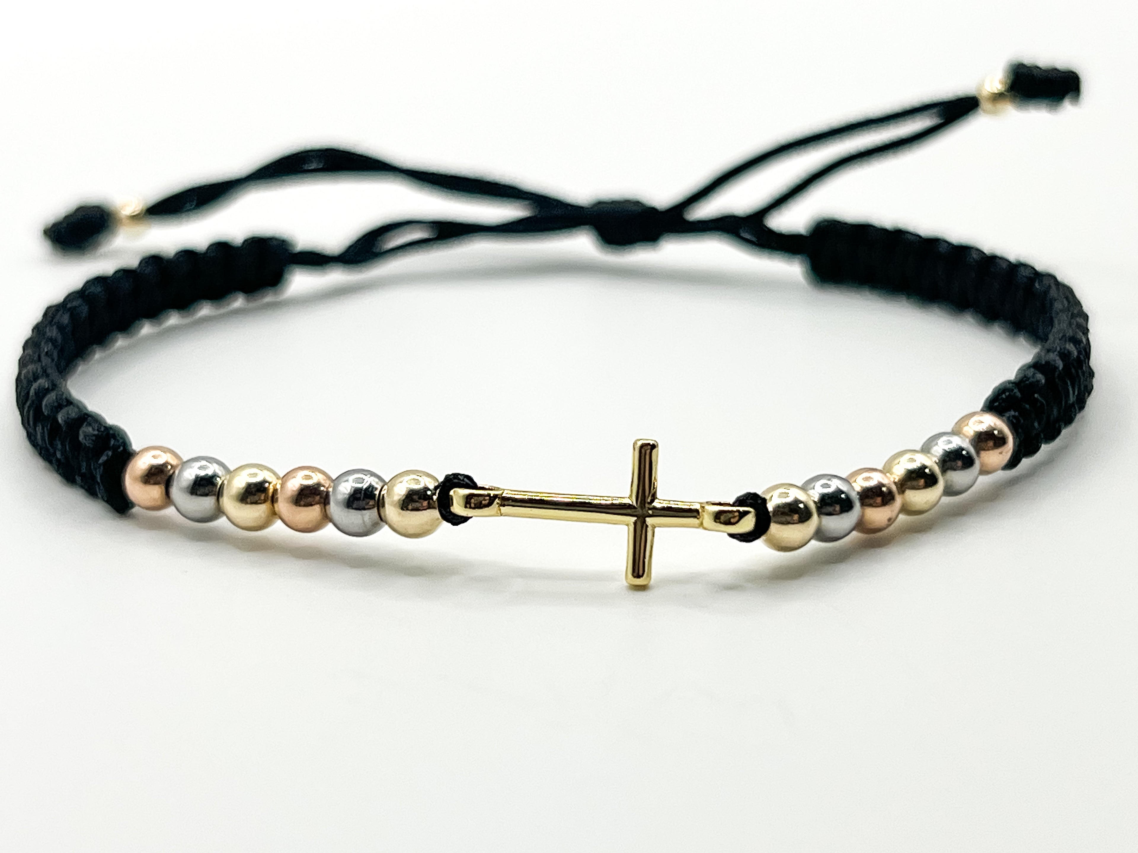 Pulsera Tejida Cruz Tres Oros Negra con Balines 3mm